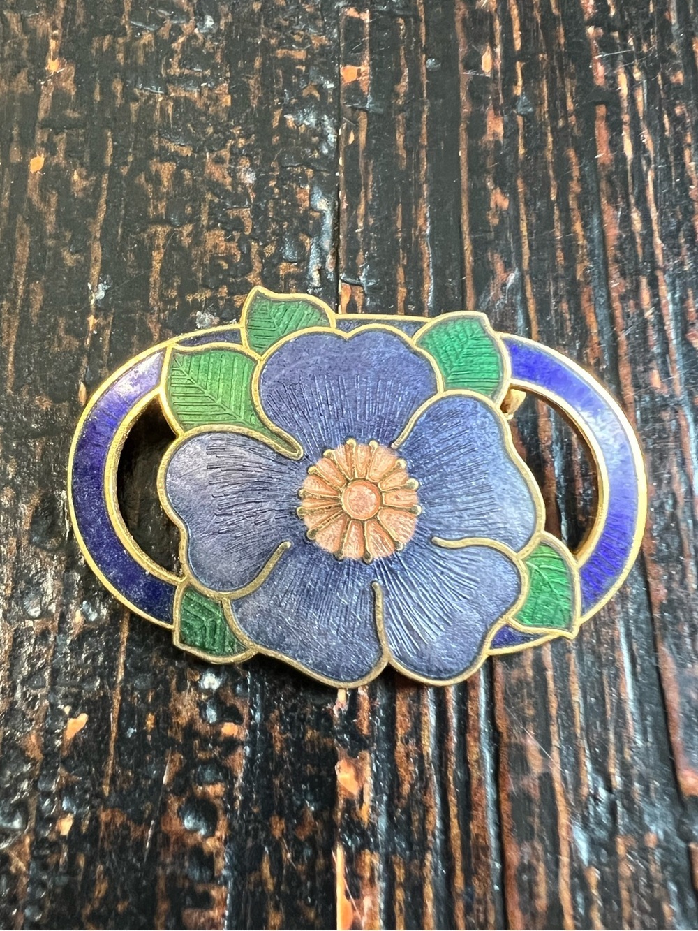 Vintage Cloisonne Enamel Brooch Purple Floral Goldtone Pin Classic Retro Estate